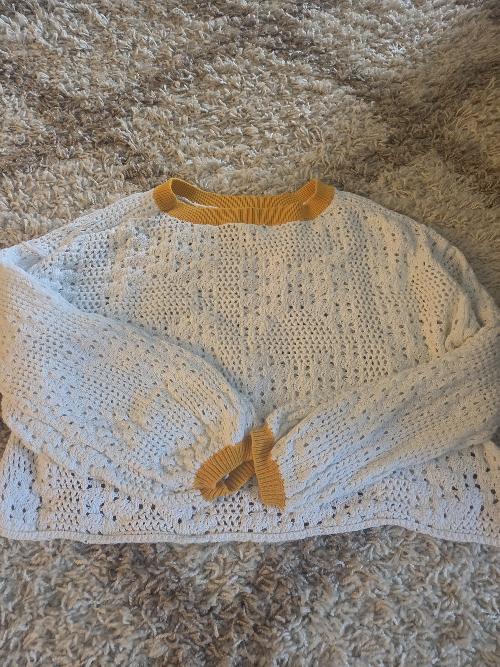 Free People White Crochet Crewneck Sweater with Mustard Trim (runs small)